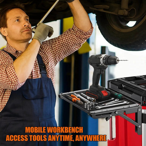A technician using a Foldable Magnetic Work Table for Milwaukee Packout Toolbox, holding tools and a drill, mobile workstation setup.