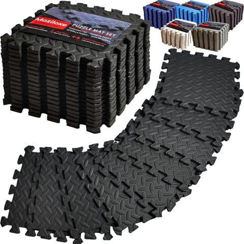Interlocking EVA Foam Gym Mats Set 18 Pieces For Home Gym And Garage, 12.6 By 12.6 Inch Puzzle Floor Tiles displayed in black