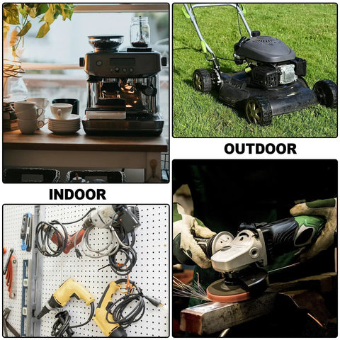 15 Foot Yellow Heavy Duty Extension Cord Built Like A Tank For Rugged Outdoor Work Sites Featuring 14 Gauge Pure Copper Conductors Alongside Six Grounded Receptacles Shrouded In All Weather Sjeow Rubber Sheath With Led Bulb used with various tools and equipment indoors and outdoors.