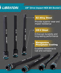 Heavy Duty 3/8 Inch Drive Long Impact Hex Bit Socket Set Built Like A Tank With S2 Steel Insert And CRV Body Featuring Manganese Coating, displaying various sizes.
