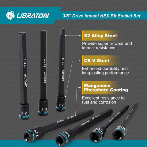Heavy Duty 3/8 Inch Drive Long Impact Hex Bit Socket Set Built Like A Tank With S2 Steel Insert And CRV Body Featuring Manganese Coating, displaying various sizes.