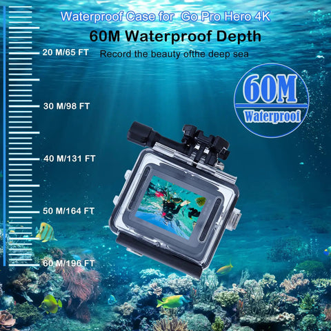 60m Waterproof Case For Hero 4K Action Camera Underwater Housing, with 196ft depth rating, displayed in deep sea setting.