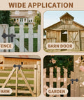 Collage showing 6 Inch Barn Door Flip Latch Lock Heavy Duty Gate Latch for fence, barn door, farm, and garden applications.