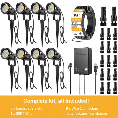 All In One Outdoor Landscape Lighting Kit With Eight 5W LED Spotlights, 80Ft Wire, 60W Transformer, Waterproof Connectors Eight Pack
