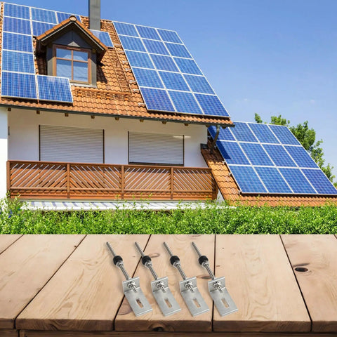 Easy Install No Fuss M10 Stainless Steel L Bracket Solar Mounting Kit for trapezoidal metal roofs displayed on wooden table
