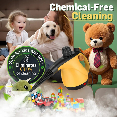 Super Powerful 1050W Handheld Steam Cleaner With 11 Pieces Accessories For Deep Cleaning Home Car Tile Grout And Furniture, emitting steam beside kids and pets.