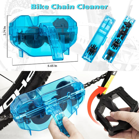 Bike Chain Cleaner Kit With Bicycle Cleaner Degreaser Lubricant And 12 Piece Cleaning Set For Mountain Road MTB And E Bikes Clean Degrease Lube Your Chain Like A Pro shown with blue plastic casing and internal brushes
