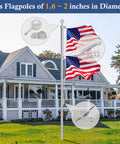 Heavy Duty Flagpole Hardware Repair Kit With 50 Ft Halyard Rope 3 Inch Ball Topper shows flag on house with clips and pulley.