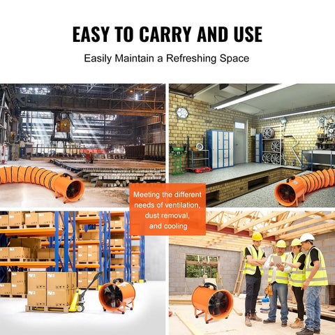 Various uses of the VEVOR Air Mover Blower Fan 12 Inch, 3198CFM 585W with 16.4ft Flexible Duct in construction and warehouse settings