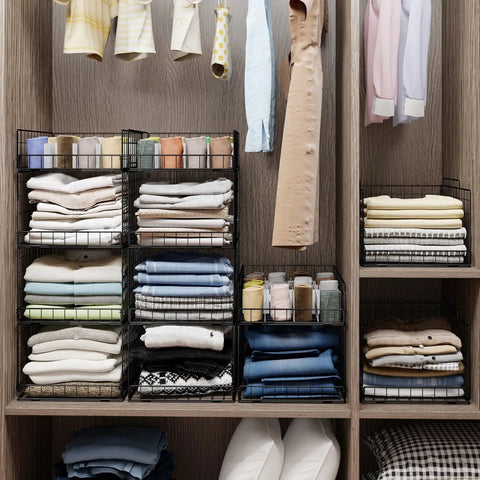 4 Tier Closet Organizers And Storage Shelves For Clothes, 4 Pack Stackable Metal Wire Bins With Drawers And Dividers in use