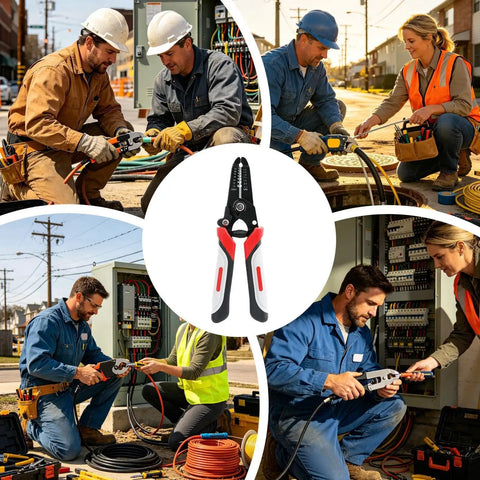Heavy Duty Wire Stripper Pliers And Cutters, 6 Inches Long, shown in use by workers on electrical jobs with durable grip.