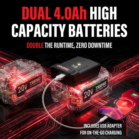 All-In-One Workhorse 20V Max Brushless Cordless Power Tool Combo Kit With 9-In-1 Attachments dual 4.0Ah batteries charging a phone
