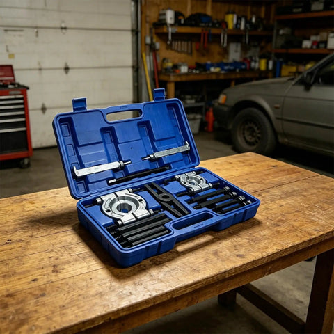 Thinking Process: 14-piece metal bearing puller kit in blue plastic case on garage workbench