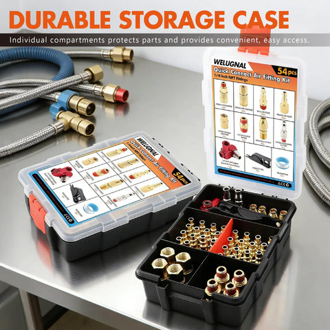 Complete 54 Piece One Quarter Inch NPT Air Hose Fittings Kit With Copper Plated Quick Connects And 360 Degree Swivel Adapters Plugs Male And Female Couplers Straight Fittings Adapters And Tube Cutter For Air Compressors And Auto Repair in storage case