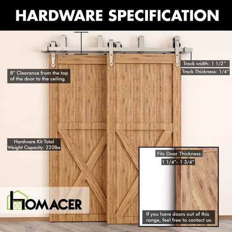 Brushed Nickel Double Track Bypass Sliding Barn Door Hardware Kit For Two Doors 6.6ft Flat Track U Shape with Arrow Rollers installed