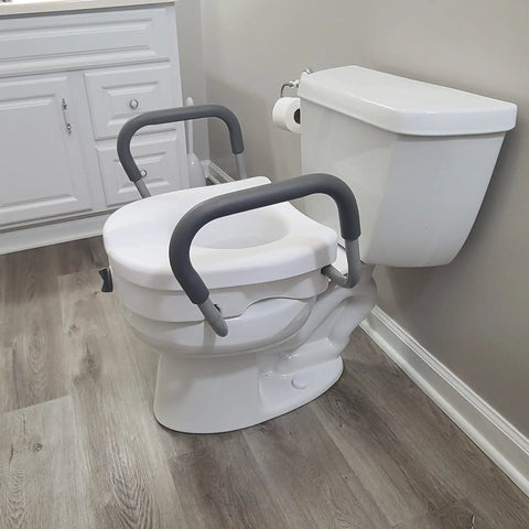 EZ Lock Toilet Seat Riser with Safety Frame, 5 inch lift, padded handles, secure locking on round toilet in a modern bathroom