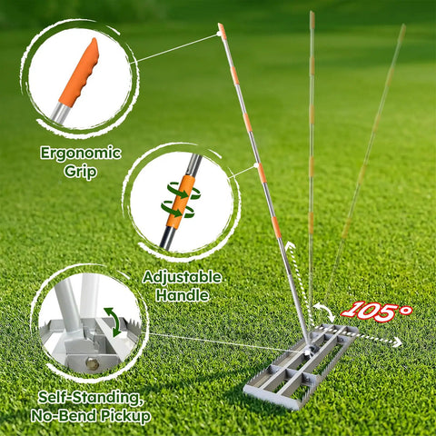 Two In One Lawn Leveling Rake With Dual Flat And Serrated Sides, Heavy Duty Stainless Steel, ergonomic grip, adjustable handle
