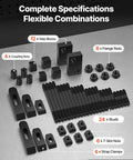 Bulletproof 58 Piece 5/8 Inch T Slot Clamping Kit With 1/2 By 13 Threads For Milling Machine And Drill Press Tables parts layout with step blocks, coupling nuts, and clamps.