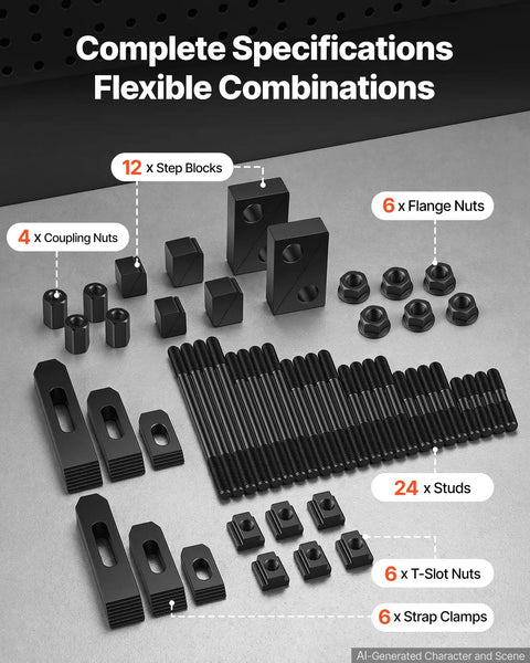 Bulletproof 58 Piece 5/8 Inch T Slot Clamping Kit With 1/2 By 13 Threads For Milling Machine And Drill Press Tables parts layout with step blocks, coupling nuts, and clamps.