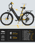 Side view of Get Up And Go City Commuter Electric Bike For Adults With 65 Mile Range 1200 Watt Peak Motor 26 Inch Ebike measurements guide