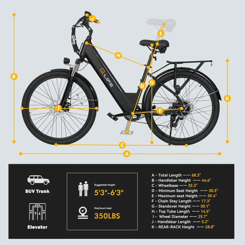 Side view of Get Up And Go City Commuter Electric Bike For Adults With 65 Mile Range 1200 Watt Peak Motor 26 Inch Ebike measurements guide