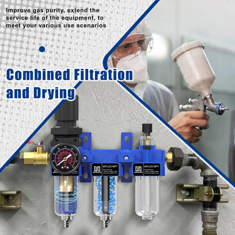 1/4 Inch NPT Air Filter Regulator Lubricator Combo With Water And Oil Separator, Brass Desiccant Dryer, Blue Bracket