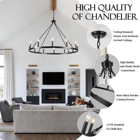 Wagon Wheel Farmhouse Chandelier In Black And Wood, 6 Light Rustic Industrial Pendant Light Fixture in modern living room