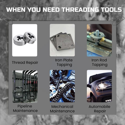 Threading tools collage: six metal tapping and repair tools (dies, plates, rod taps) with auto and maintenance imagery.