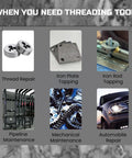 Diagram showing uses for threading tools: thread repair, iron plate tapping, iron rod tapping, pipeline maintenance, mechanical maintenance, automobile repair.