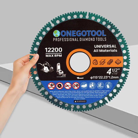 Hand holding a Beefy Four And A Half Inch Indestructible Cutting Discs For Angle Grinder With Seven Eighths Inch Arbor Diamond Cut Off Wheels Packaging