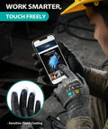 Person wearing Cut Resistant Work Gloves A4 For Men And Women 3 Pairs Pack Ideal For Warehouse Tasks And Metal Or Glass Handling PU Coated Palms For Superior Grip Comfortable Gray Large Size, using smartphone with touch-sensitive feature.