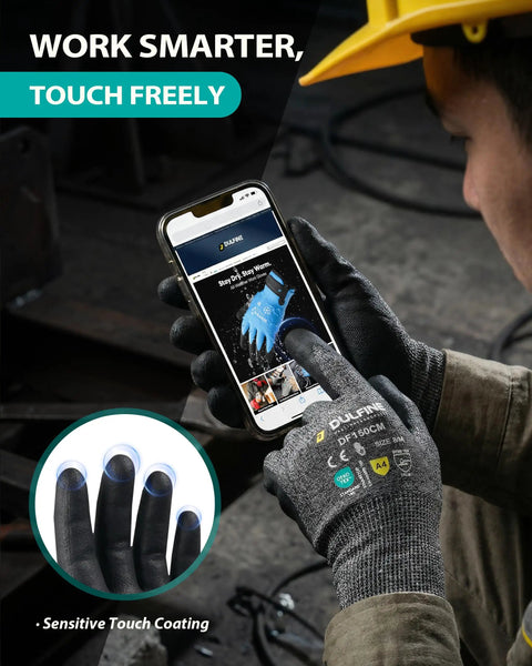 Person wearing Cut Resistant Work Gloves A4 For Men And Women 3 Pairs Pack Ideal For Warehouse Tasks And Metal Or Glass Handling PU Coated Palms For Superior Grip Comfortable Gray Large Size, using smartphone with touch-sensitive feature.
