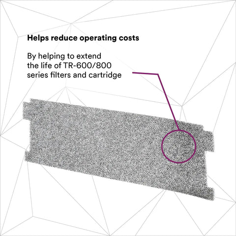 Versaflo TR-6600 Prefilter For TR-600 PAPR Disposable Pack Of 10, textured filter shown with cost-saving benefits highlighted.