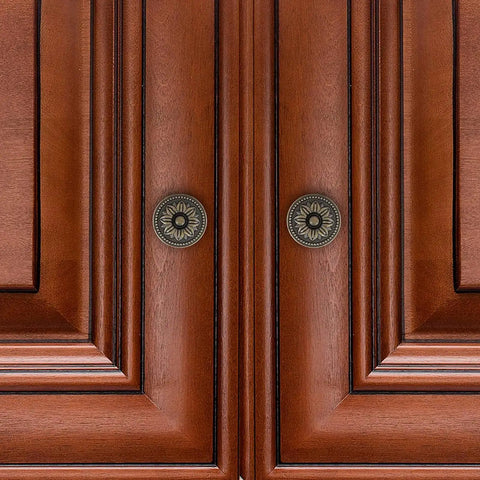 Flower Shape Metal Pull Knobs Set Of Four In Bronze Tone For Cabinets And Drawers With Screws Included Each Knob Measures About 1 Inch By 1.4 Inch No Fuss Rustic Hardware Upgrade For Kitchen Bath Or Office installed on wooden cabinet doors.