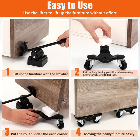 Heavy Duty 17 Piece Furniture Moving Dolly Set Includes Eight 3 Wheel Steel Tri Dollies With Swivel Casters And Sturdy Crowbar For Easy Sliding Of Couches, Appliances, And Mattresses Up To 200 Lb Capacity In Black Finish showing usage instructions with steps to lift furniture.