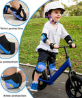 Child on bike wearing Kids Protective Gear Set with knee pads, elbow pads, wrist guards for ages 3 to 15, outdoor use visible.