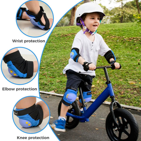Child on bike wearing Kids Protective Gear Set with knee pads, elbow pads, wrist guards for ages 3 to 15, outdoor use visible.