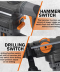 Heavy Duty Variable Speed Rotary Hammer Drill 1-1/4 Inch SDS Plus Demolition Hammer For Concrete With 13 Amp Motor showing hammer and drilling switches.