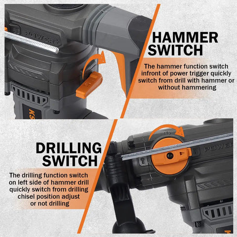 Heavy Duty Variable Speed Rotary Hammer Drill 1-1/4 Inch SDS Plus Demolition Hammer For Concrete With 13 Amp Motor showing hammer and drilling switches.