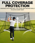 Golfer using 10x8 Ft Golf Practice Net With Side Barriers And Dual Layer HD Simulator Screen, Ball Return in outdoor setting