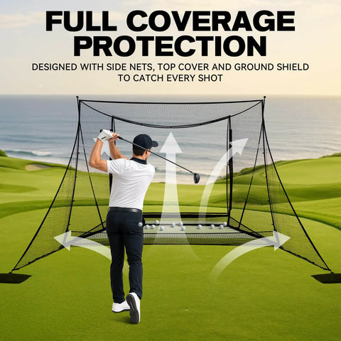 Golfer using 10x8 Ft Golf Practice Net With Side Barriers And Dual Layer HD Simulator Screen, Ball Return in outdoor setting