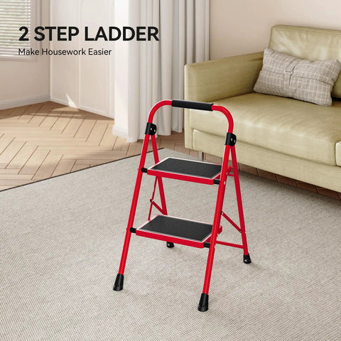 Two Step Folding Ladder With Wide Anti Slip Pedals And Handrails, Lightweight Portable Kitchen Stool, Red, Easy Fold Design