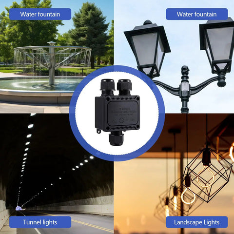 Waterproof IP68 Outdoor Junction Box 4 Pack, 3-Way Plug M25 Cable Gland shown with outdoor lighting examples