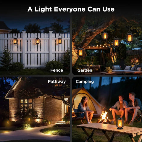 Lit Real Flame Solar Lanterns With USB Charging Four Modes Waterproof Outdoor Lights glowing on fence, garden, pathway, camping scene