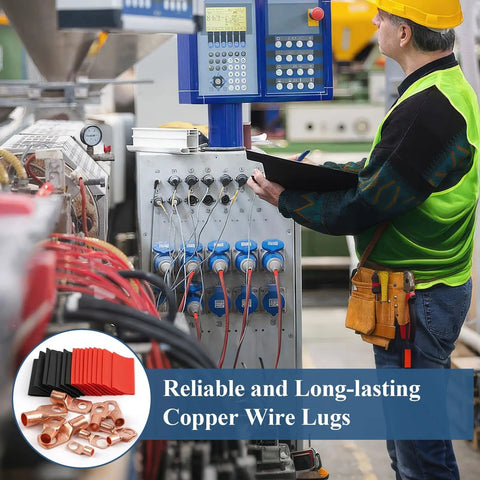 Technician using Copper Wire Lugs Assortment Kit with 130Pcs AWG 2 4 6 8 10 12 Battery Cable Ends and 66Pcs Heat Shrink Tubing
