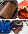 Close-up collage of items using the 20 Set Metal Snap Button Kit For DIY Fashion Projects, 14mm Round Clasps With Fabric Base And Cap, Perfect For Clothes, Bags, Leather Wallets, Purses, And More Silver, including leather wallets, jackets, and bags showing installed 14mm silver snap buttons and clasps.
