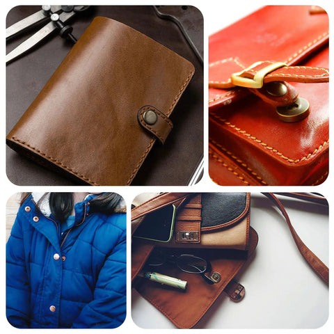 Close-up collage of items using the 20 Set Metal Snap Button Kit For DIY Fashion Projects, 14mm Round Clasps With Fabric Base And Cap, Perfect For Clothes, Bags, Leather Wallets, Purses, And More Silver, including leather wallets, jackets, and bags showing installed 14mm silver snap buttons and clasps.