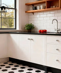 Modern kitchen with white cabinets featuring 1 Inch Brushed Nickel Cabinet Knobs Set for Cabinets Drawers Dressers and Wardrobes Classic Vintage Drawer Pulls with Easy Install Screws Included Durable Hardware Upgrade for Kitchen and Furniture Makeover