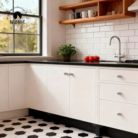 Modern kitchen with white cabinets featuring 1 Inch Brushed Nickel Cabinet Knobs Set for Cabinets Drawers Dressers and Wardrobes Classic Vintage Drawer Pulls with Easy Install Screws Included Durable Hardware Upgrade for Kitchen and Furniture Makeover