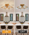 Comparison of a Farmhouse Chandelier With Orb Glass Globes And Oak Finish 6 Light Totally Rustic Vintage Pendant Light Fixture on and off.